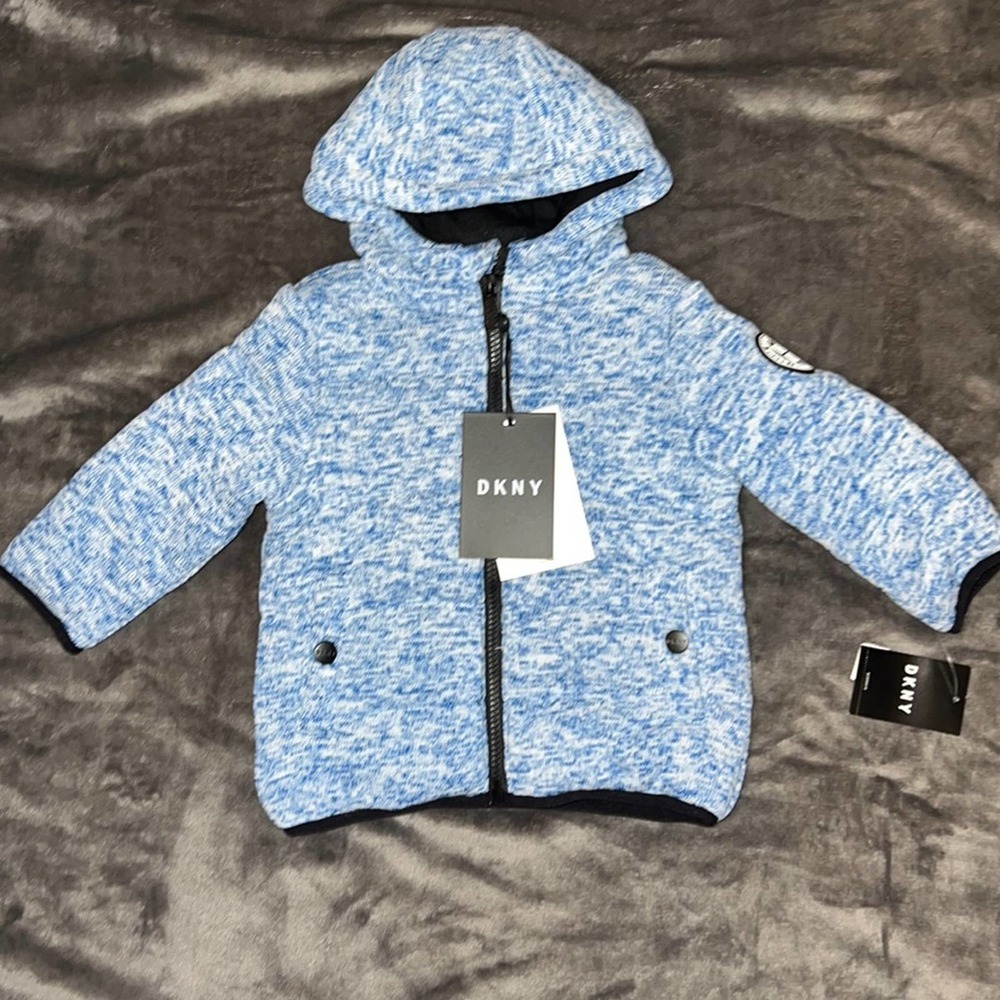 DKNY Infant Puffer Sweater Coat Baby 18M Pastel Blue & White